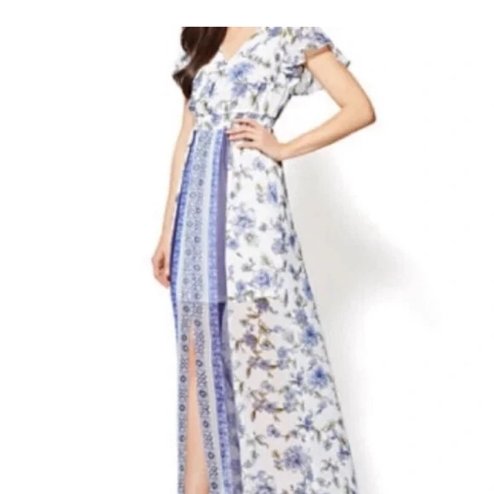 New York & Company Blue Flutter Sleeve High-Low Dress